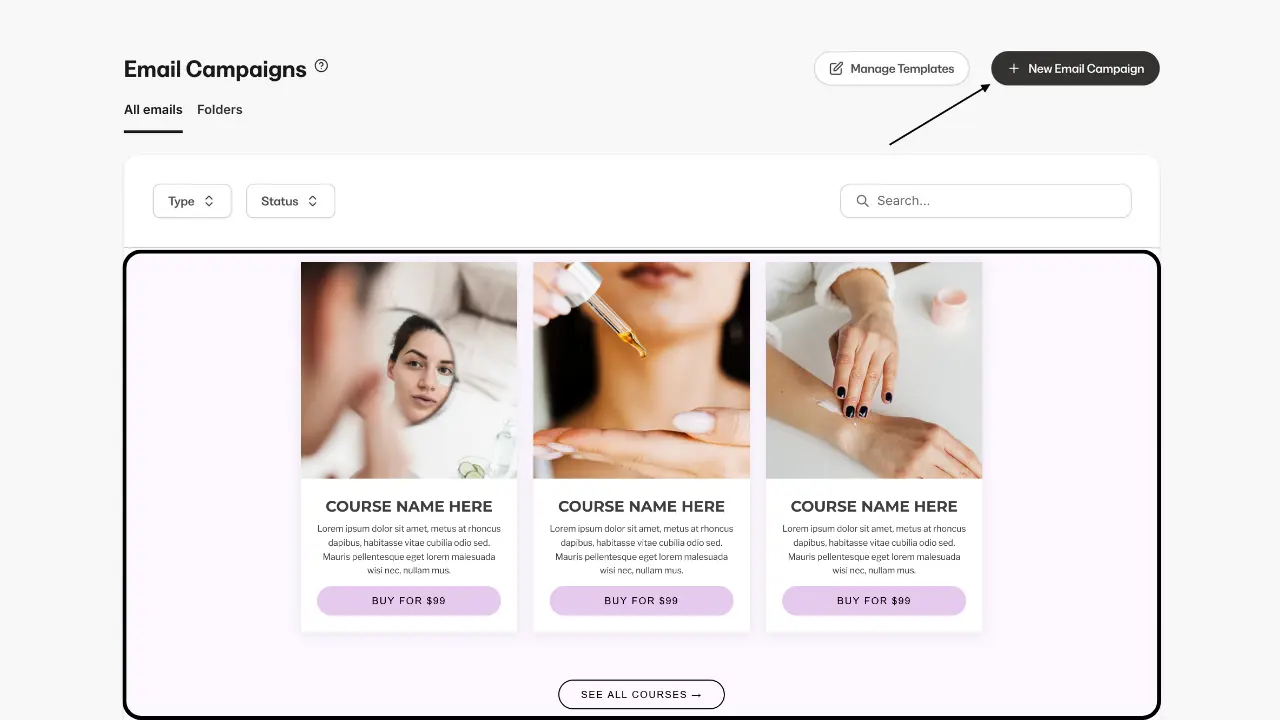 Kajabi course delivery and email funnel system for digital creators in a split mockup