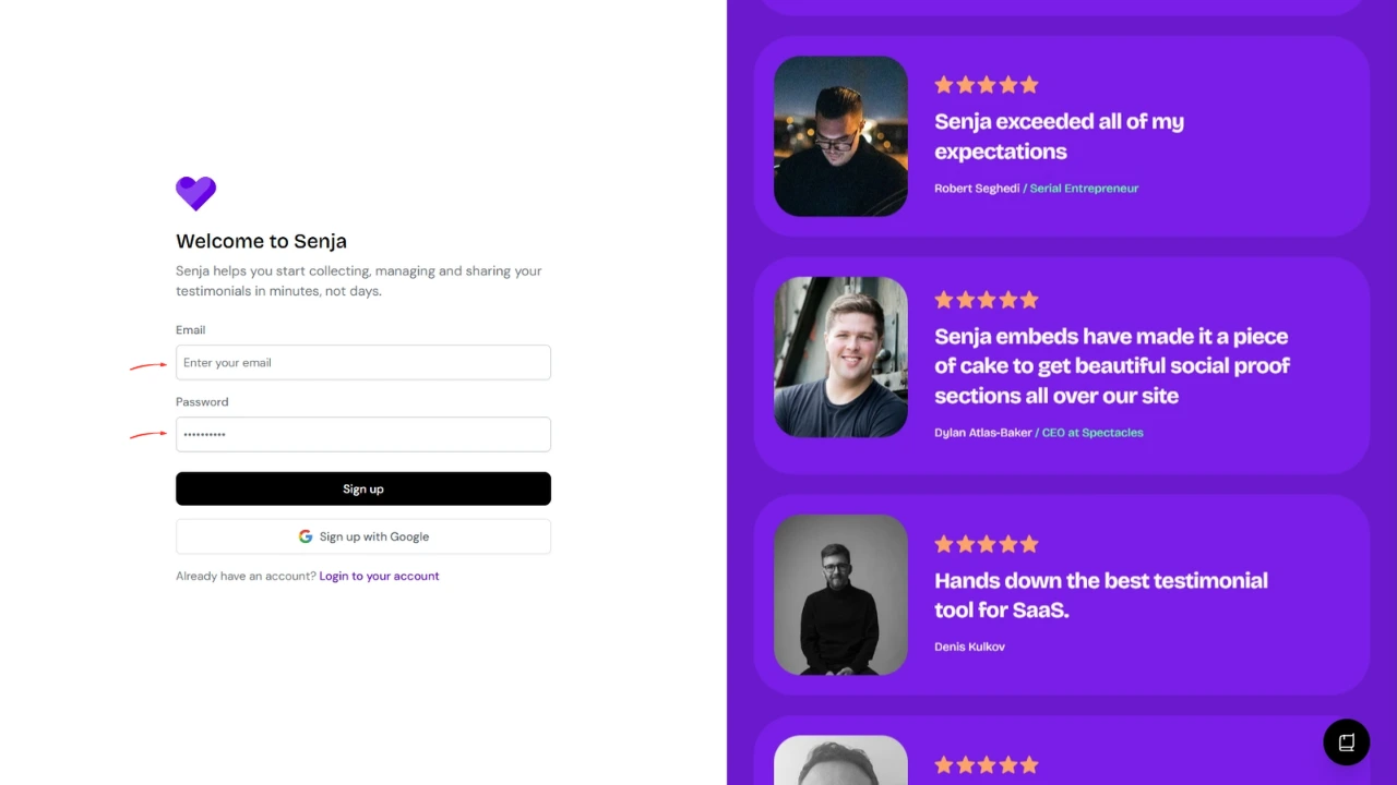 Screenshot of the Senja dashboard for creating an account