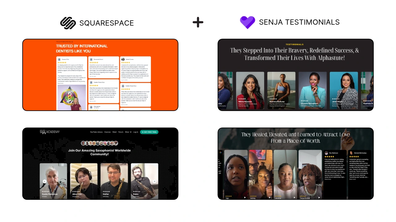 Modern Squarespace website showing customer reviews, profile photos, and video testimonials