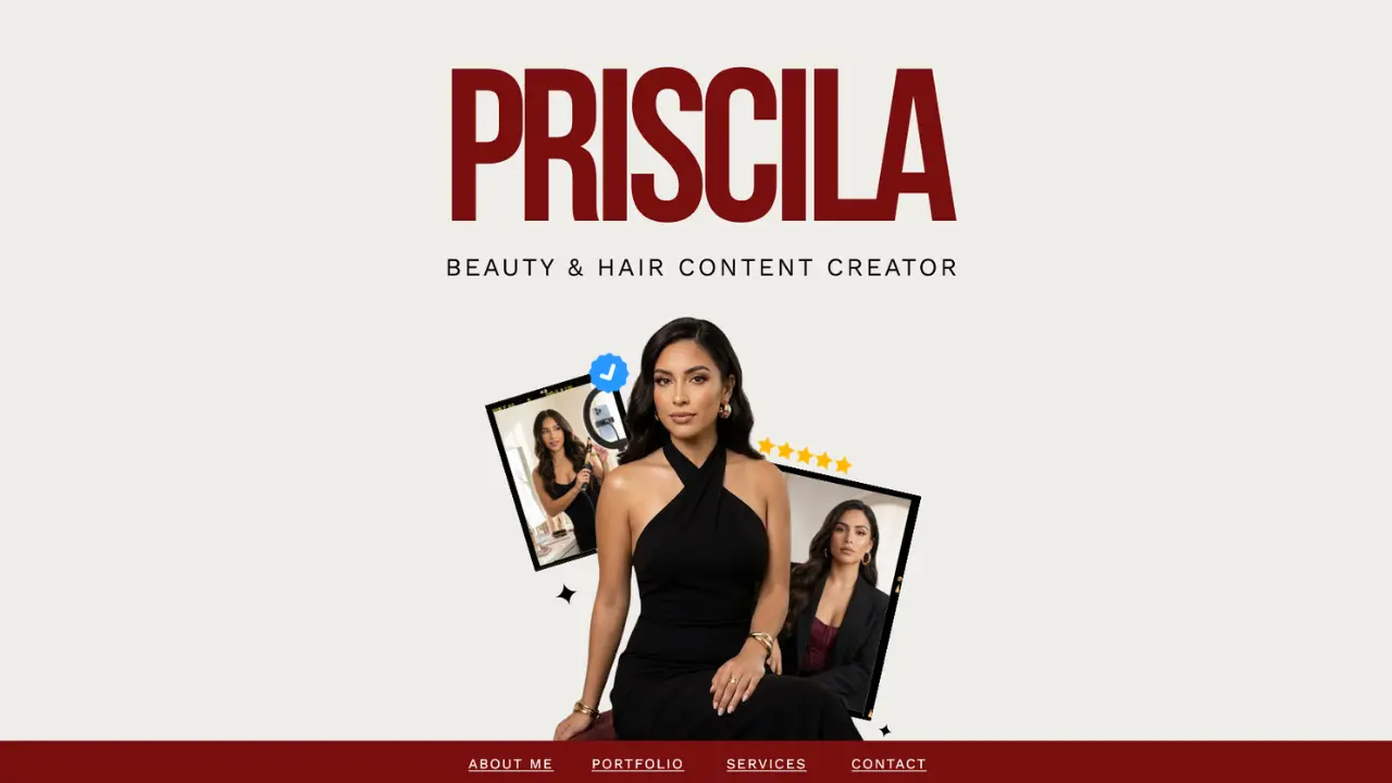UGC portfolio example, Priscila Canva template bold design for UGC creators